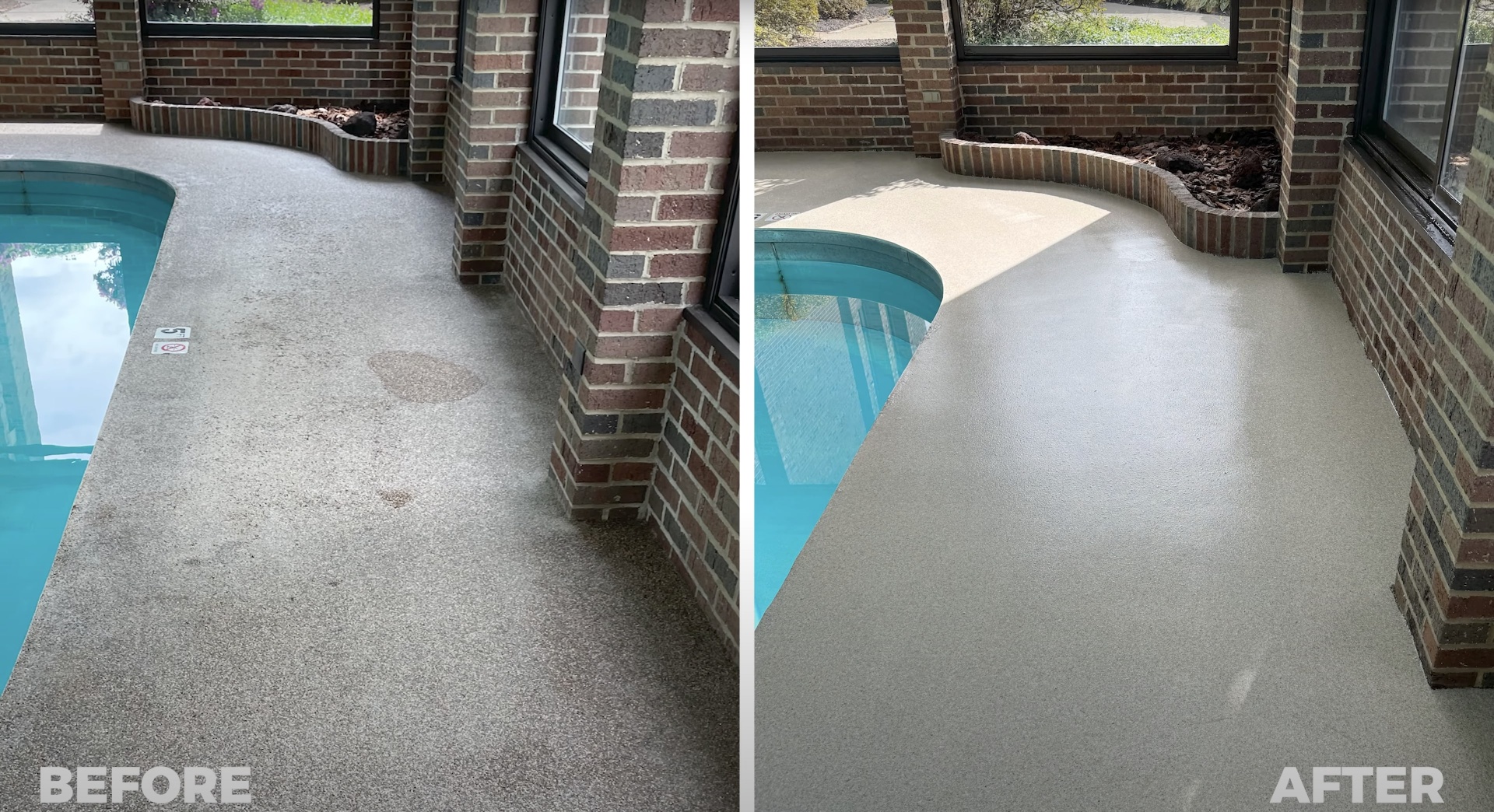 Pool deck concrete resurfacing before and after comparison